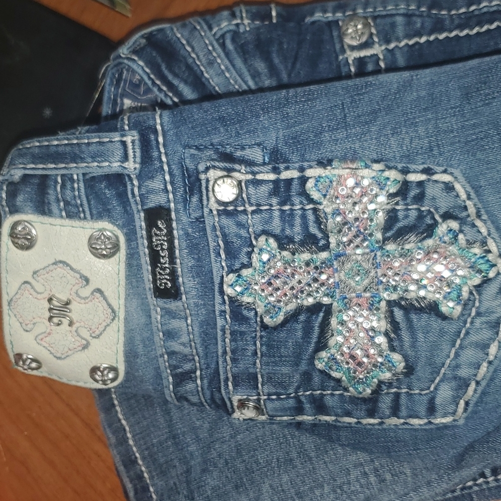 Miss me girls silver embellished Blue jeans Sz 7 KE8303B Boot